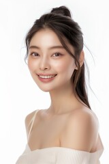 An asian beauty model smile pose in front of a white background