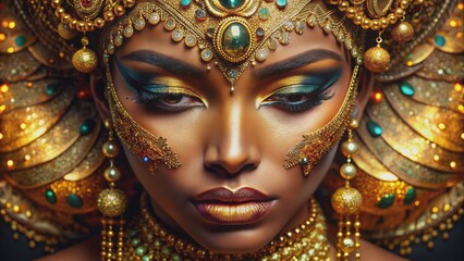 Vibrant golden African-inspired makeup art on a blank canvas, intricately designed with ornate patterns, shimmering textures, and bold colors.