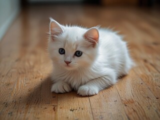 Cute,fluffy and beautiful white kitten with black on the floor. This image is ai generated