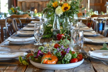 Farm to table dinner with fresh, organic produce showcased in a natural, rustic setting