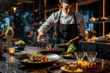 Fine dining setup with a chef presenting an elegant multi-course meal, sophisticated ambiance and artistic plating