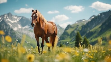 Majestic brown horse in a mountain meadow