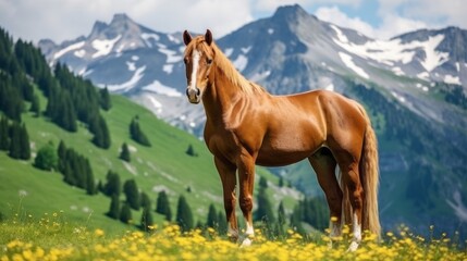 Fototapeta premium Majestic horse in a mountain meadow