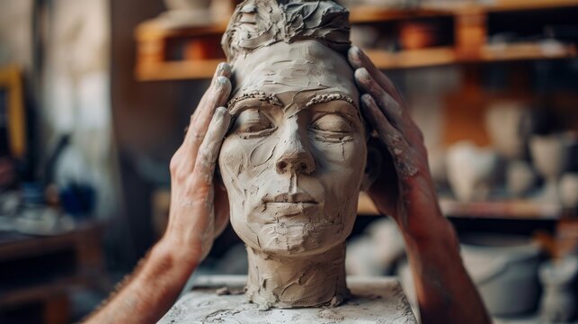 A man is sculpting a clay head with his hands - Powered by Adobe