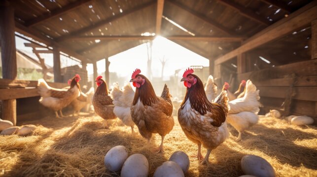 Chickens in a Sunlit Barn with Eggs - Powered by Adobe