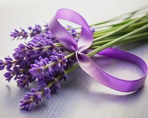 Delicate purple lavender flowers and a satin ribbon on a clear background, symbolizing hope and support for prostate cancer awareness and research efforts.