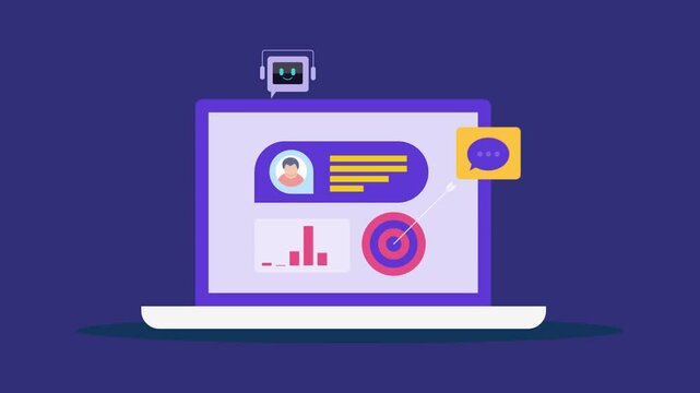 Automated customer support through chatbot software, artificial intelligence technology enhancing business communication and management conceptual video animation.