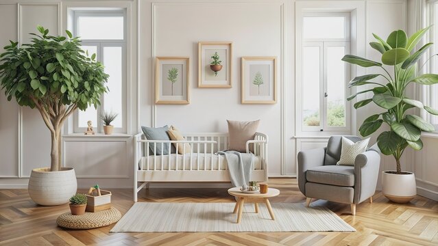 Scandinavian Nursery with Playful Accents.A bright, child-friendly room featuring a white sofa, playful stuffed toy, and wooden toy walker. Three blank frames hang above, next to a lush potted fiddl