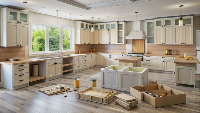 Unassembled kitchen cabinets and countertops scattered across the floor, awaiting installation, amidst tools and packaging, in a newly constructed home's kitchen renovation scene.