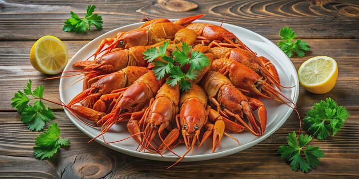 Freshly steamed crayfish arranged on a white plate, garnished with lemon wedges and parsley, surrounded by a subtle wooden textured background.