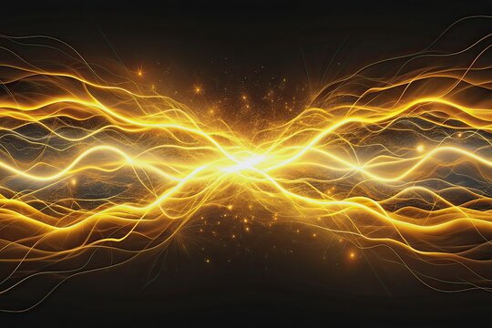 Vibrant golden electrical current streaks horizontally across a dark background, evoking a sense of dynamic energy, rapid innovation, and futuristic technological breakthroughs.