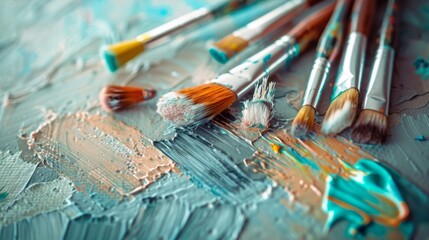 Obraz premium A group of paintbrushes are laid out on a table with paint on the table