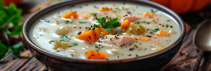 White Cream Soup with Pumpkin and Salmon, Creamy Seasoned Fish Broth with Vegetables