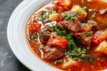Red Tomato Soup with Beef, Greens and Vegetables, Rich Hot Veal Meat Broth with Tomatoes, Potatoes