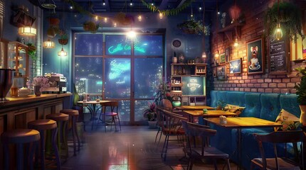 Interior of a café bar at night with warm lighting and stylish décor, creating a cozy and inviting ambiance for a relaxing evening
 Seamless looping 4k time-lapse virtual video animation Generated AI