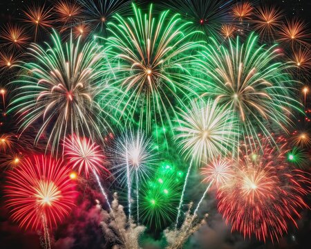 Vibrant fireworks explode in green, white, and red, proudly displaying Mexico's national colors, reminiscent of Independence Day celebrations or energetic football matches.