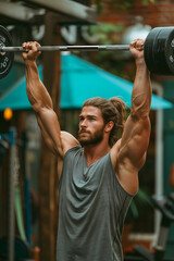 Naklejka premium Muscular Man Lifting Weights at a Rooftop Gym in the Evening