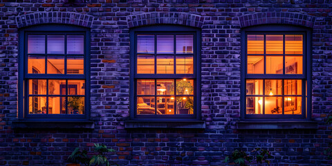 Fototapeta premium Three windows with light in the house