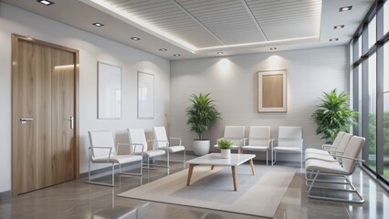 Obraz premium Sleek modern hospital waiting room with empty white poster, stylish chairs, and advanced medical equipment scattered around the vacant space.