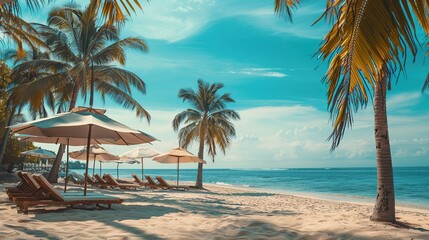 Fototapeta premium Empty beach with beach bar. Leisure loungers with sun beds and umbrellas. Tropical scene, luxury travel design. Palm trees sandy shore, calm waves. Copy space for text.