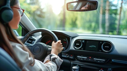 Happy European woman driving car and choosing road playlist for listening to music on auto audio system, pushing button on dashboard. copy space for text.