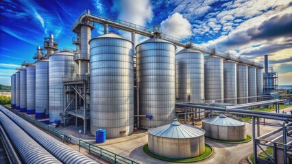 Massive cylindrical storage tanks and tall silos stand alongside each other in a vast industrial complex, surrounded by pipes and machinery.