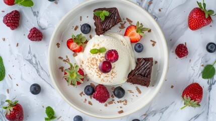 Top view of a non-dairy dessert platter with coconut milk ice cream, vegan brownies, and fresh berries, presented on eco-friendly serving ware