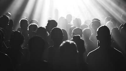 A sleek, monochrome image of a music festival crowd, focusing on shadows and light contrasts