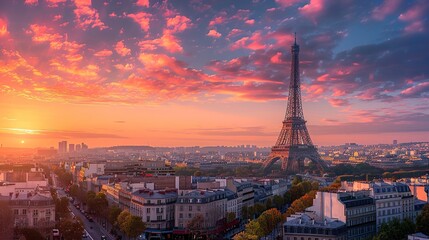 Naklejka premium Skyline of Paris with Eiffel Tower in Paris, France. Panoramic sunset view of Paris. copy space for text.