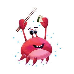 Cute red crab holding chopsticks and nigiri sushi