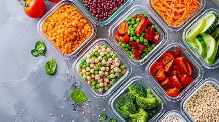 Top view of a plant-based meal prep with neatly organized containers of colorful vegetables, grains, and legumes, demonstrating a wholesome and natural diet
