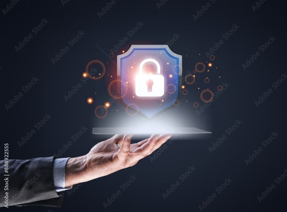 Canvas Prints Cybersecurity and privacy to protect data, hand hold Lock icon