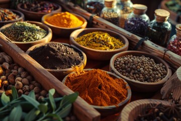 Fototapeta premium Spices and herbs display with vibrant colors and rich textures, capturing the essence of gourmet cooking ingredients