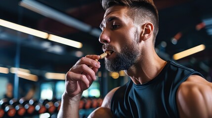 Sportive man taking supplement capsule, eating omega 3 or amino acid multivitamin pill, gym interior. copy space for text.