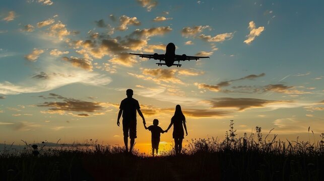 A family of three is walking in a field with a plane flying overhead