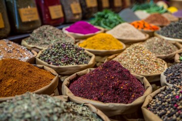Fototapeta premium Spices and herbs display with vibrant colors and rich textures, capturing the essence of gourmet cooking ingredients