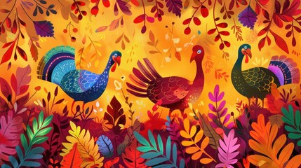 Obraz premium Autumnal Turkey Trio in Vibrant Foliage