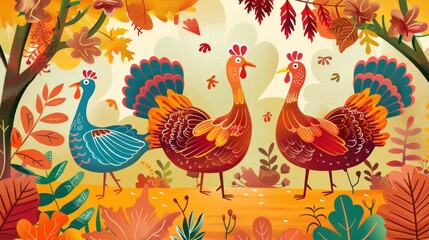 Three Turkeys in Autumnal Foliage