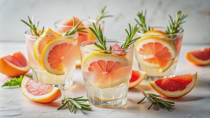 Vibrant citrus refresher featuring grapefruit rosemary lemonade in elegant crystal glasses on a pristine white background, perfect for summer celebrations.