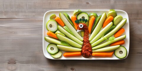 Veggie platter arranged as a peacock, animal face food, colorful appetizer