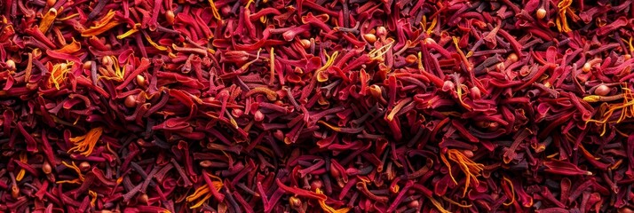 Fototapeta premium Saffron texture background, crocus sativus flowers pattern, dry herbal petals banner, aromatic herbs