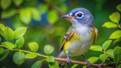 Obraz premium Vibrant blue-headed vireo perched on branch amidst lush green foliage with subtle morning light casting warm golden undertones.