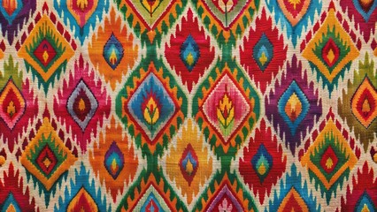 Vibrant silk fabric featuring intricate, colorful, and staggered ikat pattern, showcasing a harmonious blend of traditional and modern design.