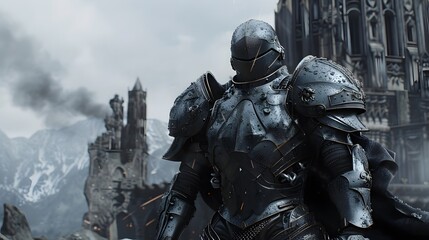 Fototapeta premium Armored Knight with a sword, ready for battle