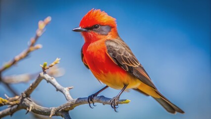 Vibrant vermilion flycatcher perches on desert tree branch, showcases striking plumage, brilliant red crown, and piercing black eyes.