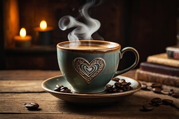Fototapeta premium Close-up of steaming cup of coffee with heart design and beans on rustic wooden table 