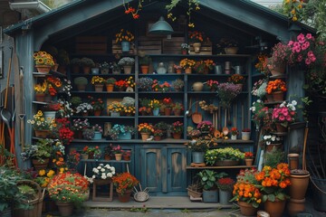 A Colorful Floral Display in a Quaint Garden Shed