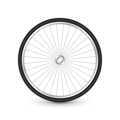 Realistic 3d bicycle wheel. Bike rubber tire, shiny metal spokes and rim. Fitness cycle, touring, sport, road and mountain bike. Vector illustration