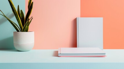 Fototapeta premium Hardcover book on a minimalist desk, showcasing a cover with bold, expressive artwork and imaginative imagery, inviting the reader into a creative world