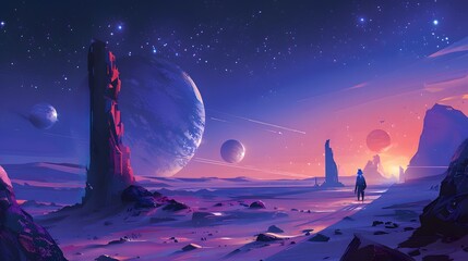 Fictional Background: Fictional Planet Futuristic City and the Exploration of an Alien Planet Surface in the Science Fiction Genre